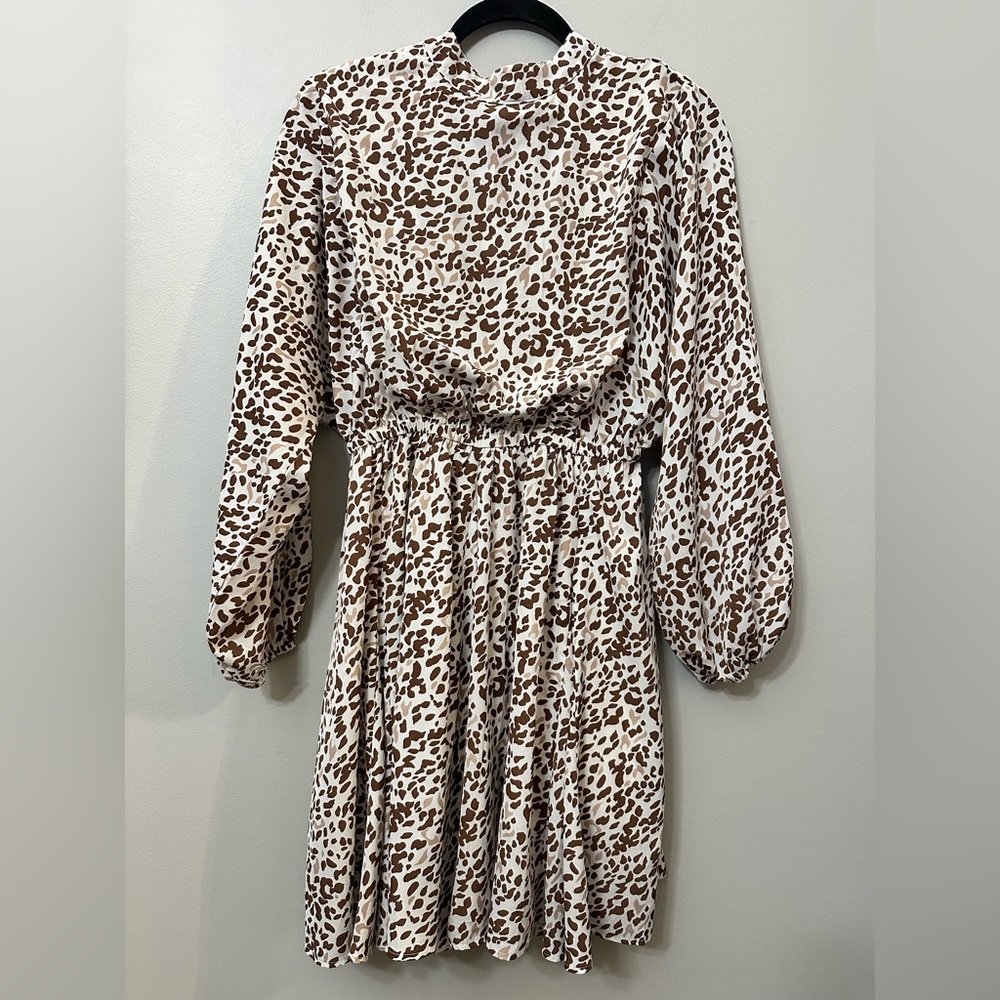 KORI AMERICA Brown Leopard Print Long Sleeve Mini Dress Small Smocked Waist Boho